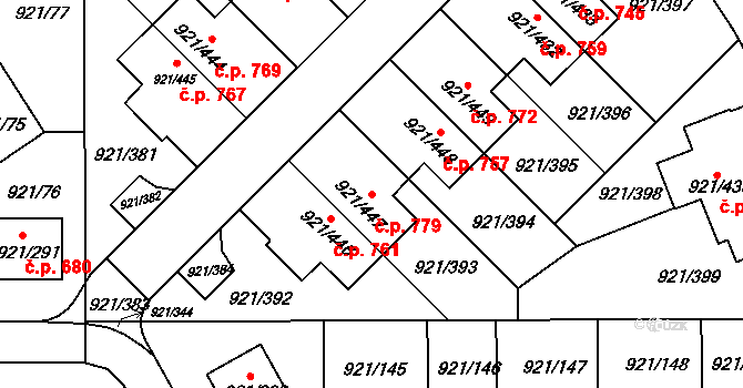 Hostavice 779, Praha na parcele st. 921/447 v KÚ Hostavice, Katastrální mapa