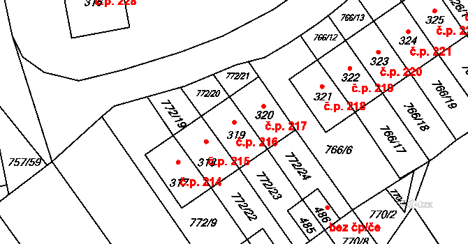 Košetice 216 na parcele st. 319 v KÚ Košetice, Katastrální mapa