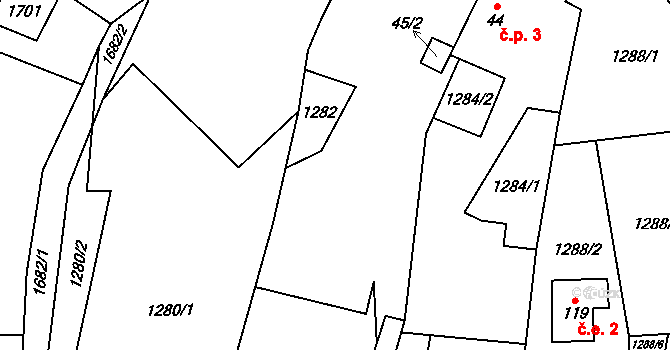 Milbohov 4, Stebno na parcele st. 45/1 v KÚ Stebno u Dubic, Katastrální mapa