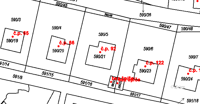 Dobruška 92 na parcele st. 590/21 v KÚ Dobruška, Katastrální mapa
