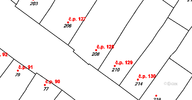 Perná 128 na parcele st. 208 v KÚ Perná, Katastrální mapa