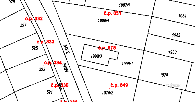 Ořechov 875 na parcele st. 1999/3 v KÚ Ořechov, Katastrální mapa