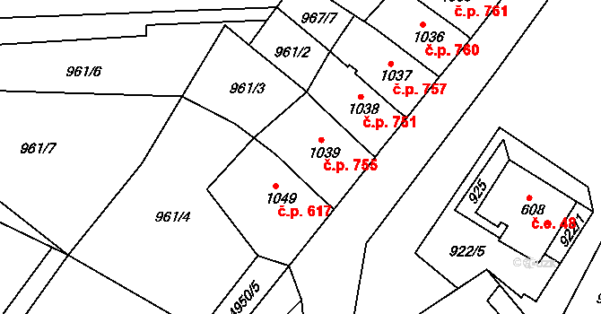 Jáchymov 755 na parcele st. 1039 v KÚ Jáchymov, Katastrální mapa