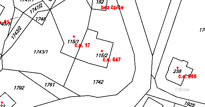 Vlastiboř 547 na parcele st. 115/2 v KÚ Vlastiboř u Železného Brodu, Katastrální mapa