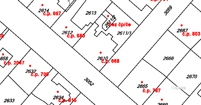 Čelákovice 668 na parcele st. 2610 v KÚ Čelákovice, Katastrální mapa