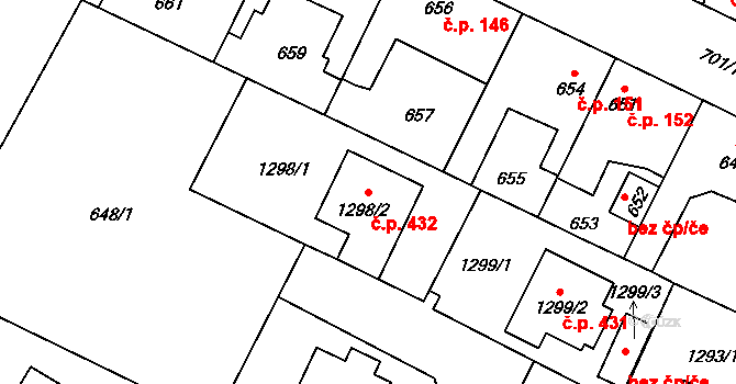 Hřebeč 432 na parcele st. 1298/2 v KÚ Hřebeč, Katastrální mapa