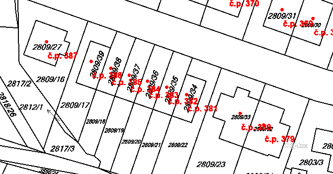 Nosálovice 382, Vyškov na parcele st. 2809/35 v KÚ Vyškov, Katastrální mapa