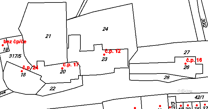 Trubín 12 na parcele st. 23 v KÚ Trubín, Katastrální mapa