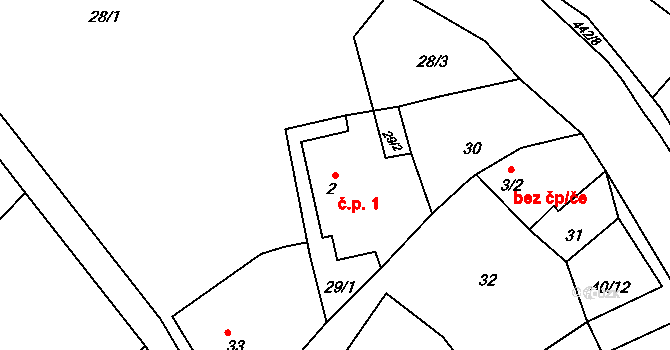 Kovářov 1, Bouzov na parcele st. 2 v KÚ Kovářov u Bouzova, Katastrální mapa