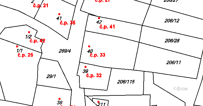 Kroučová 33 na parcele st. 40 v KÚ Kroučová, Katastrální mapa