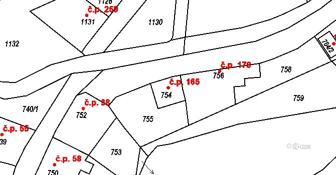 Miřetice u Klášterce nad Ohří 165, Klášterec nad Ohří na parcele st. 754 v KÚ Miřetice u Klášterce nad Ohří, Katastrální mapa