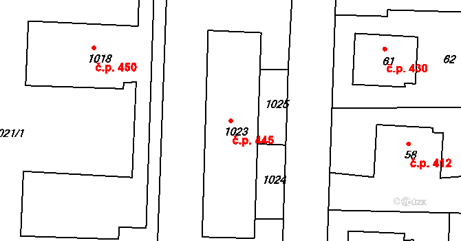 Batelov 445 na parcele st. 1023 v KÚ Batelov, Katastrální mapa