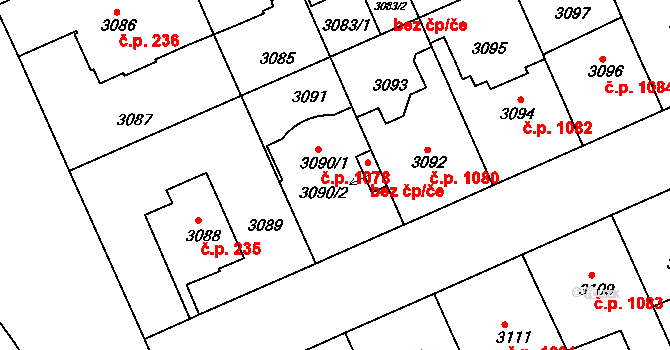 Černá Pole 1078, Brno na parcele st. 3090/1 v KÚ Černá Pole, Katastrální mapa