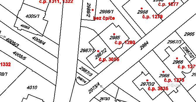 Žabovřesky 3055, Brno na parcele st. 2987/2 v KÚ Žabovřesky, Katastrální mapa