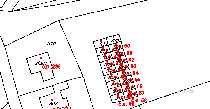 Běhánky 43, Dubí na parcele st. 313 v KÚ Běhánky, Katastrální mapa