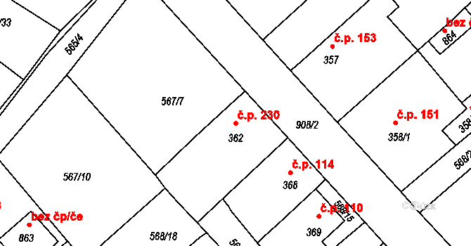 Borohrádek 230 na parcele st. 362 v KÚ Borohrádek, Katastrální mapa