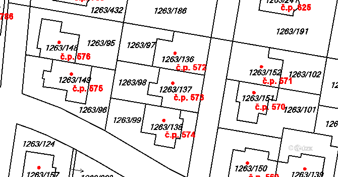 Kolovraty 573, Praha na parcele st. 1263/137 v KÚ Kolovraty, Katastrální mapa