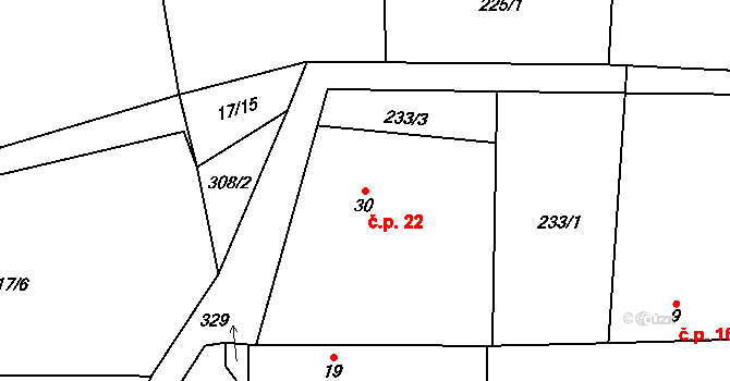 Hubenov 22, Únice na parcele st. 30 v KÚ Hubenov u Třebohostic, Katastrální mapa