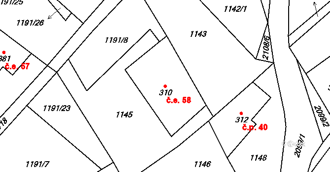 Polesí 58, Rynoltice na parcele st. 310 v KÚ Polesí u Rynoltic, Katastrální mapa