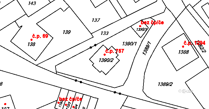 Liberec XIV-Ruprechtice 757, Liberec na parcele st. 1390/2 v KÚ Ruprechtice, Katastrální mapa
