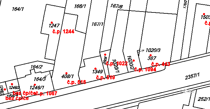 Rosice 1022 na parcele st. 1020/1 v KÚ Rosice u Brna, Katastrální mapa