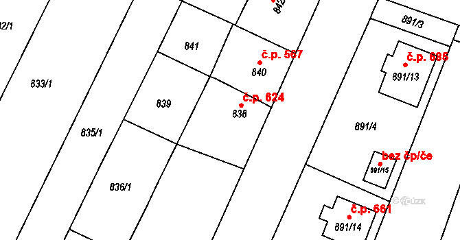 Pozořice 624 na parcele st. 838 v KÚ Pozořice, Katastrální mapa