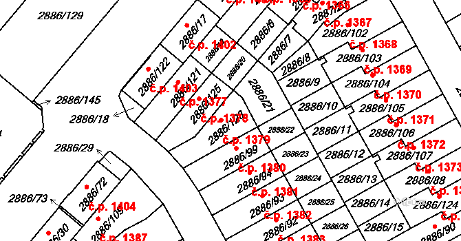 Kyje 1379, Praha na parcele st. 2886/123 v KÚ Kyje, Katastrální mapa