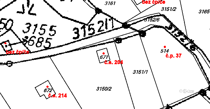 Koberovy 204 na parcele st. 671 v KÚ Koberovy, Katastrální mapa
