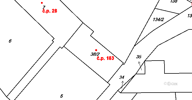 Mořice 183 na parcele st. 38/2 v KÚ Mořice, Katastrální mapa