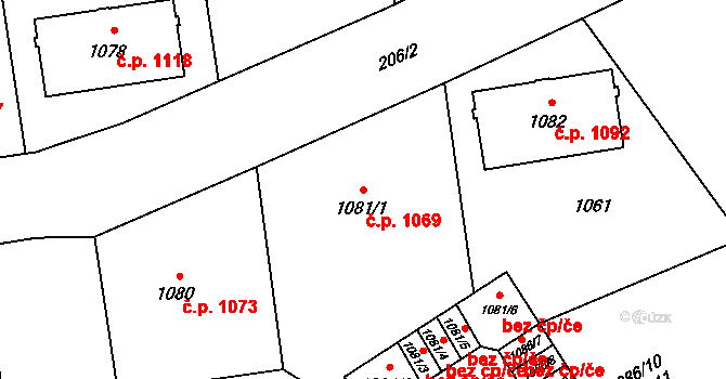 Mariánské Hory 1069, Ostrava na parcele st. 1081/1 v KÚ Mariánské Hory, Katastrální mapa