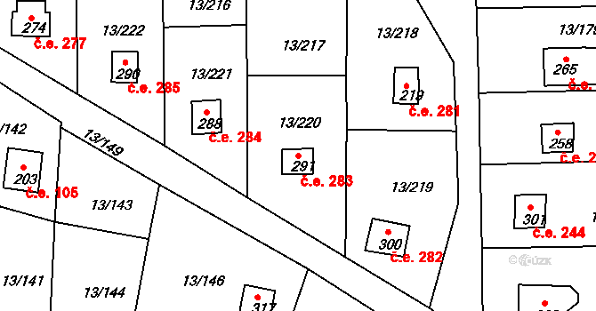Mechová 283, Lipová na parcele st. 291 v KÚ Mechová, Katastrální mapa