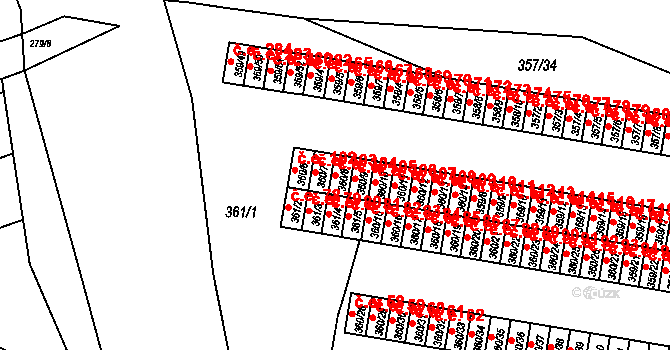 Rousínov 104 na parcele st. 360/8 v KÚ Rousínov u Vyškova, Katastrální mapa
