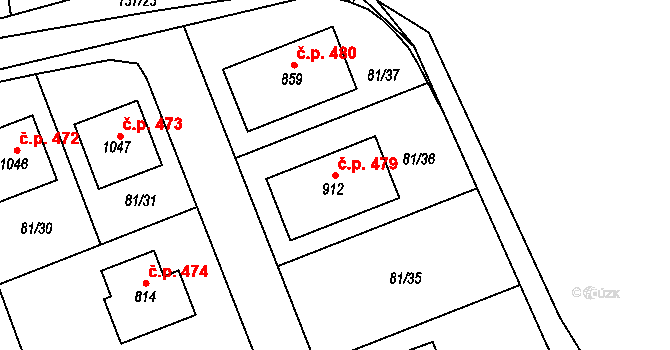 Bašť 479 na parcele st. 912 v KÚ Bašť, Katastrální mapa