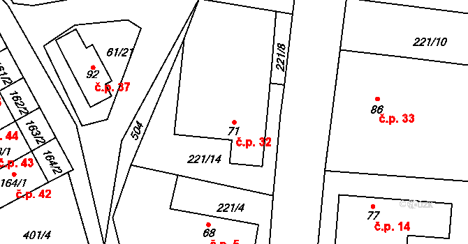 Komorovice 32 na parcele st. 71 v KÚ Komorovice, Katastrální mapa