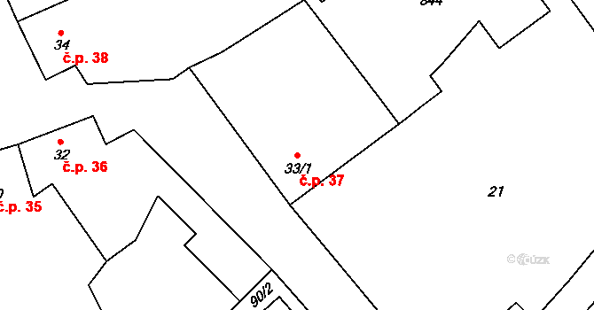 Jarohněvice 37 na parcele st. 33/1 v KÚ Jarohněvice, Katastrální mapa