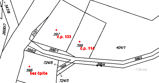 Blišice 114, Koryčany na parcele st. 398 v KÚ Blišice, Katastrální mapa