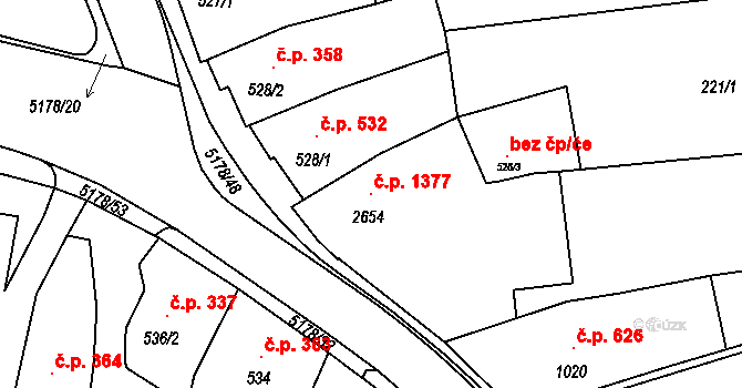 Vizovice 1377 na parcele st. 2654 v KÚ Vizovice, Katastrální mapa
