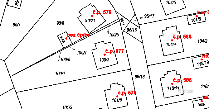 Lyžbice 577, Třinec na parcele st. 100/3 v KÚ Lyžbice, Katastrální mapa