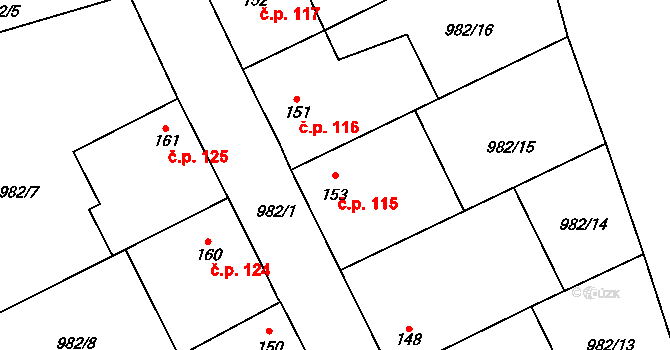 Bratronice 115 na parcele st. 153 v KÚ Bratronice u Kladna, Katastrální mapa
