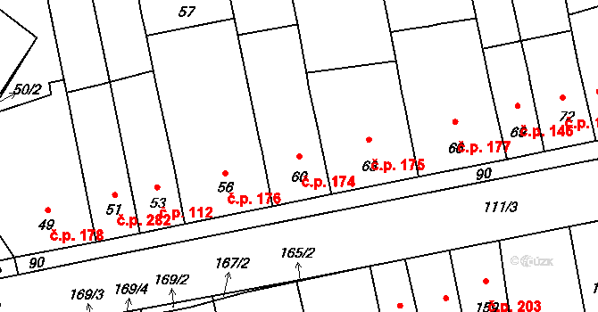 Telnice 174 na parcele st. 60 v KÚ Telnice u Brna, Katastrální mapa