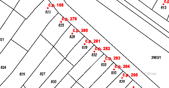 Vyškov-Předměstí 281, Vyškov na parcele st. 829 v KÚ Vyškov, Katastrální mapa