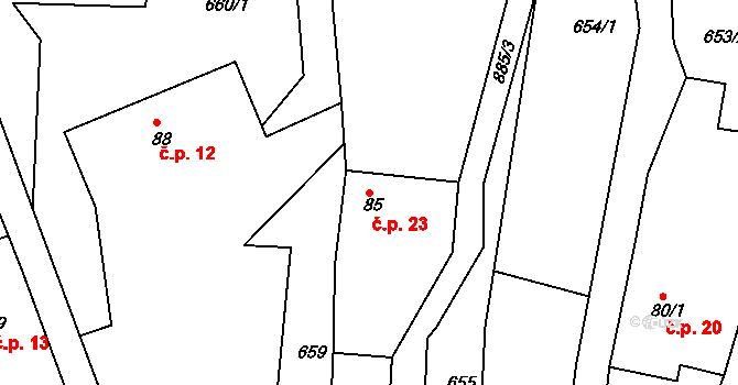 Třtí 23, Sychrov na parcele st. 85 v KÚ Radostín u Sychrova, Katastrální mapa