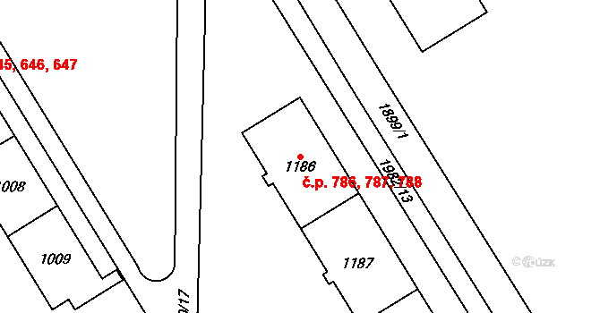 Uničov 786,787,788 na parcele st. 1186 v KÚ Uničov, Katastrální mapa