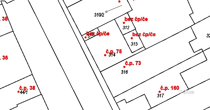 Planá nad Lužnicí 75 na parcele st. 314 v KÚ Planá nad Lužnicí, Katastrální mapa