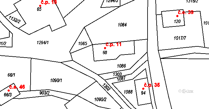 Kundratice 11, Hlinná na parcele st. 68 v KÚ Tlučeň, Katastrální mapa