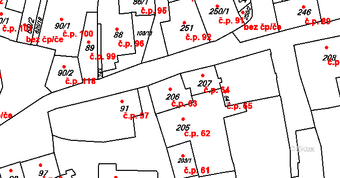 Zámostí 63, Třebíč na parcele st. 206 v KÚ Podklášteří, Katastrální mapa