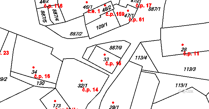 Jimlín 15 na parcele st. 33 v KÚ Jimlín, Katastrální mapa