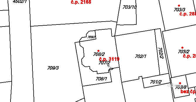 Teplice 3119 na parcele st. 708/2 v KÚ Teplice, Katastrální mapa