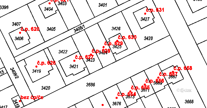 Záběhlice 629, Praha na parcele st. 3424 v KÚ Záběhlice, Katastrální mapa