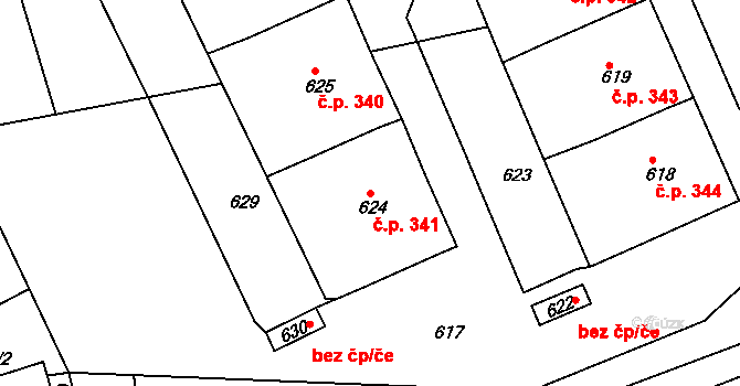 Mokrá 341, Mokrá-Horákov na parcele st. 624 v KÚ Mokrá u Brna, Katastrální mapa